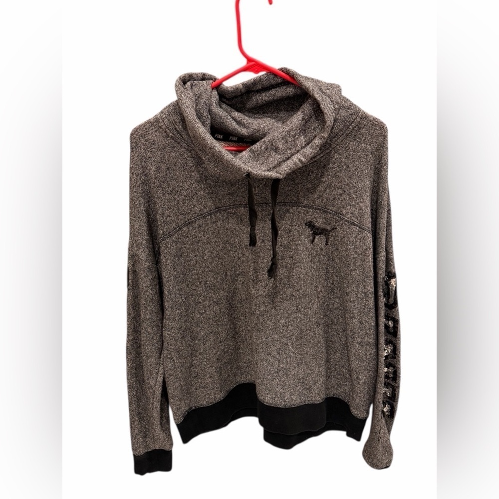 Victoria Secret PINK Pullover Gray Cowl Neck Sweatshirt Medium Sequin Sleeve